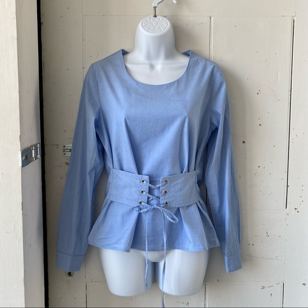 A New Day Blue Chambray Lace Up Blouse